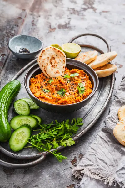 Homemade Vegan Harissa Carrot Lentil Spread Dip Flatbread Cucumber — Stock Photo, Image