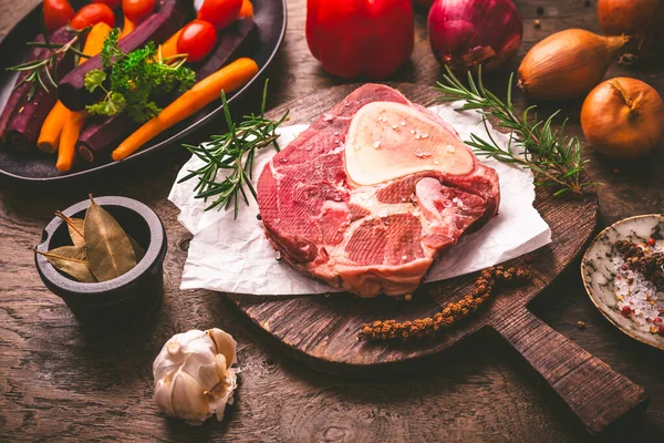 Raw Beef Meat Shank Steak Ingredients Preparation Ossobuco — Stock Photo, Image