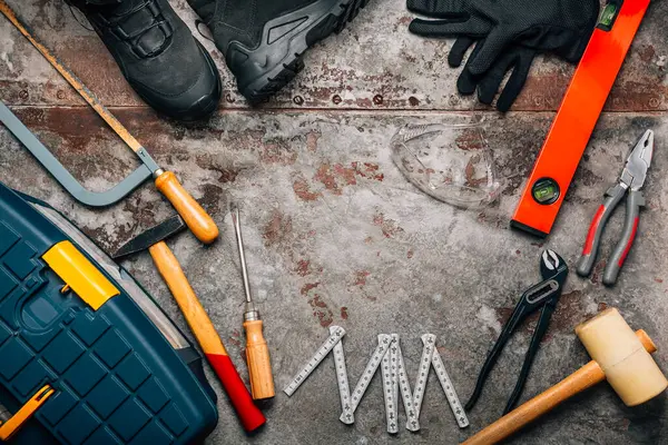 Handyman Tool Kit Assorted Tools Safety Boots Gogles — Stock Photo, Image