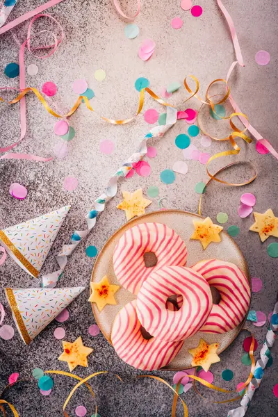 Donuts Carnival Party German Krapfen Donuts Streamers Confetti Colorful Carnival — Stock Photo, Image