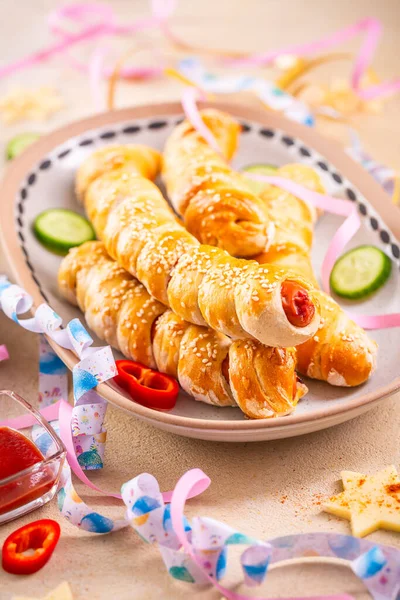 Pig Blanket Long Sausages Wrapped Yeast Dough Traditional Carnival Fasching — Stock Photo, Image