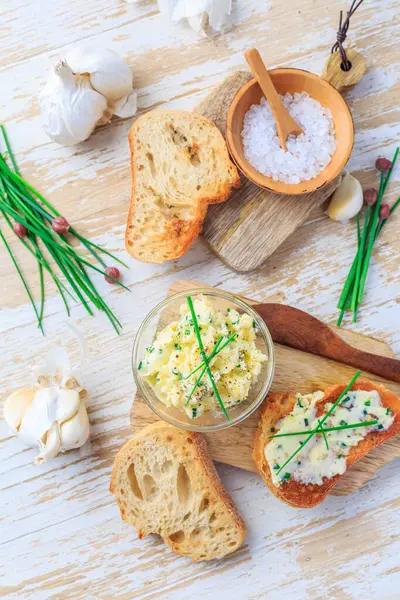 Homemade Garlic Butter Chives Fresh Roasted Baguette Salt — Stock Photo, Image