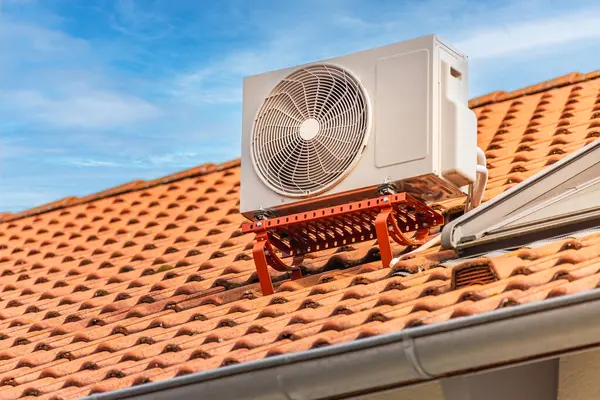 双逆变器压缩机 空调机压缩机和加热泵的组合 安装在家庭住房的屋顶上 — 图库照片
