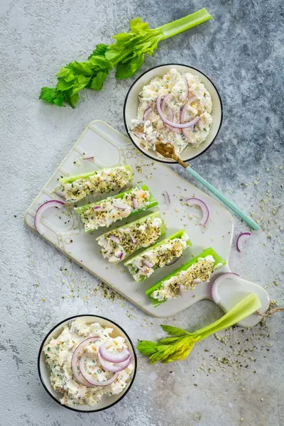 Celery Sticks Filled Egg Tuna Salad Healthy Vegetable Antipasti Snack Stock Picture
