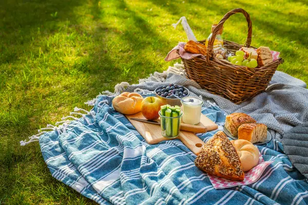 異なる食べ物 フルーツ オレンジジュース 緑の草のヨーグルトとパンとピクニックデュベットとバスケット ロイヤリティフリーのストック写真