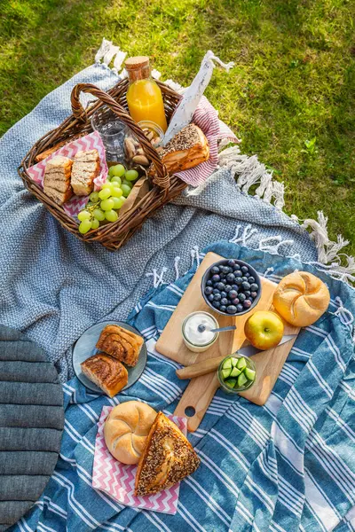 Piknik Paplan Kosár Különböző Ételek Gyümölcsök Narancslé Joghurt Kenyér Zöld Jogdíjmentes Stock Fotók