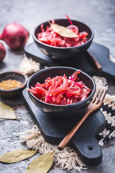 Pickled Red Onions Bowl Gray Background Appetizer Condiment Topping Healthy — Stock Photo, Image