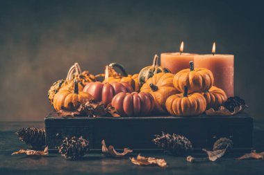 Balkabaklarıyla şenlikli bir sonbahar ve kahverengi arka planda ahşap yüzeyde mumlar.