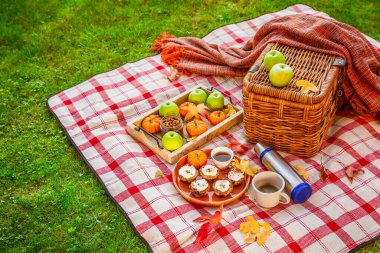 Balkabağı kekleri, kekler, kahve ve çayla dolu bir parkta sonbahar pikniği.