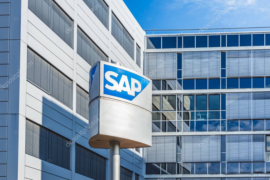 Rot, Germany - August 24, 2024: SAP logo, Global German multinational software company, software giant's visual branding on corporate campus