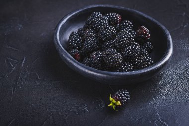 Bahçeden yeni toplanmış organik böğürtlenler siyah arka planda bir kasede
