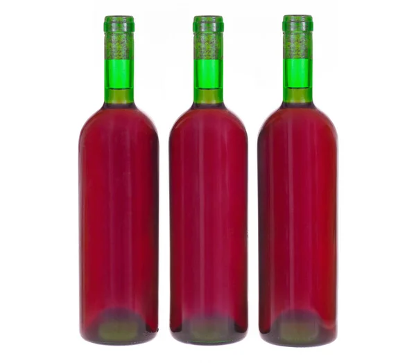 Tiga Botol Anggur Merah Diisolasi Pada Latar Belakang Putih — Stok Foto