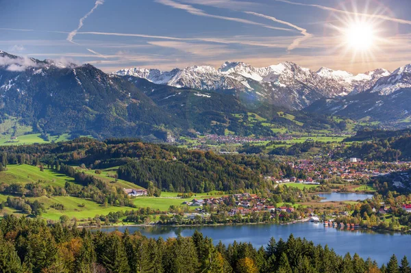 Panoramic Landscape Springtime Beautiful Lake Alps Mountain Range Backround — Stock Photo, Image