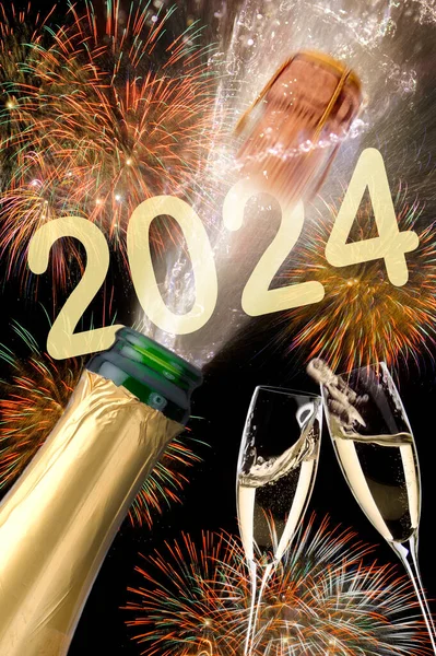Fogos Artifício Coloridos Champanhe Popping Véspera Ano Novo 2024 Fotografia De Stock