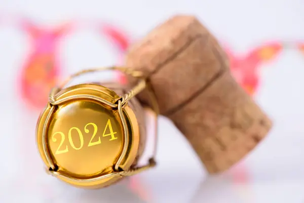 Kork Champagne Märkt Med Nytt 2024 Stockbild