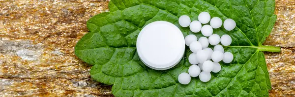 Alternatieve Kruidengeneeskunde Met Homeopathische Pillen Rechtenvrije Stockafbeeldingen
