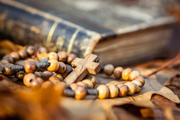 秋天树叶上躺着的木制念珠和圣经 — 图库照片