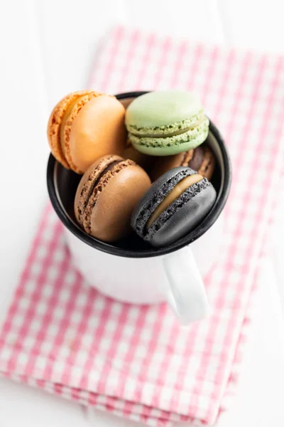 Sweet Macaron Dessert Colorful Macarons White Mug — Stock Photo, Image