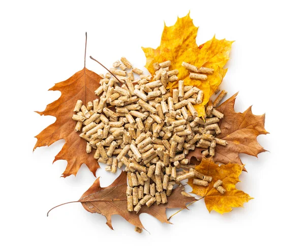 Wooden Pellets Autumn Leaves Isolated White Background — Stock Photo, Image