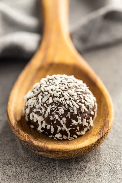 Coconut Chocolate Ball Wooden Spoon Kitchen Table — Stock Photo, Image