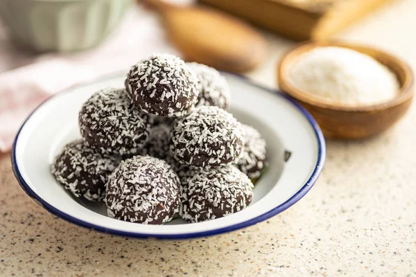 Coconut Chocolate Balls Plate Kitchen Table — Stock Photo, Image