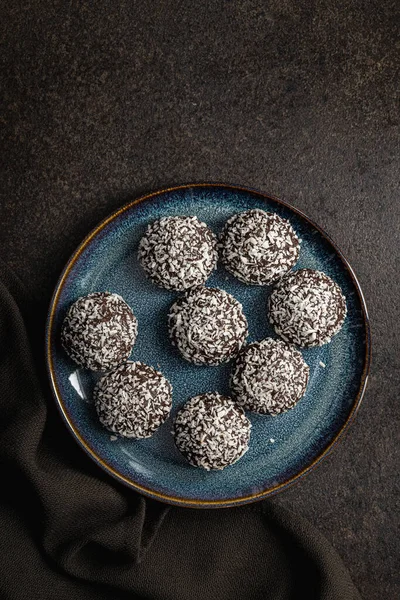 Coconut Chocolate Balls Plate Top View — Stock Photo, Image