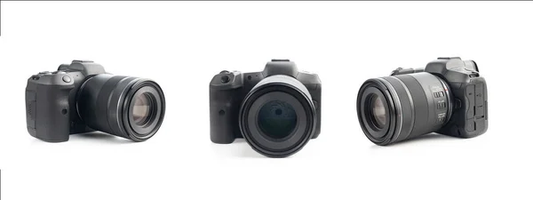Câmera Digital Sem Espelho Isolada Fundo Branco Três Visões Diferentes — Fotografia de Stock