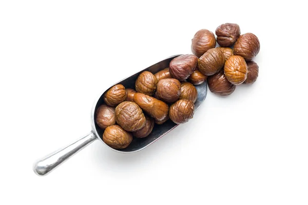 Kacang Kupas Kacang Manis Panggang Dalam Sendok Diisolasi Pada Latar — Stok Foto