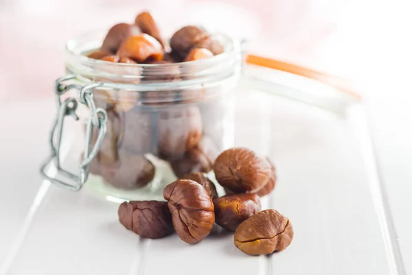 Peeled Chestnuts Sweet Roasted Chestnuts Jar — Stock Photo, Image