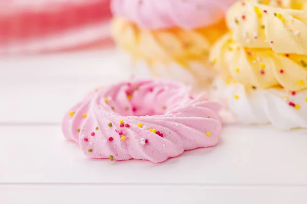 Different Colors Meringues Sprinkles White Table — Stock Photo, Image