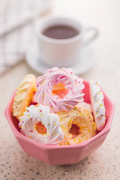 Different Colors Meringues Sprinkles Pink Bowl — Stock Photo, Image