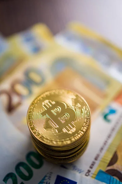Cryptocurrency Bitcoin Virtual Money Golden Coins Euro Banknotes — Stock Photo, Image