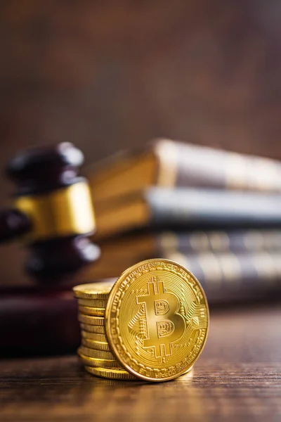 stock image Cryptocurrency. Bitcoin virtual money. Golden coins and the judge gavel.