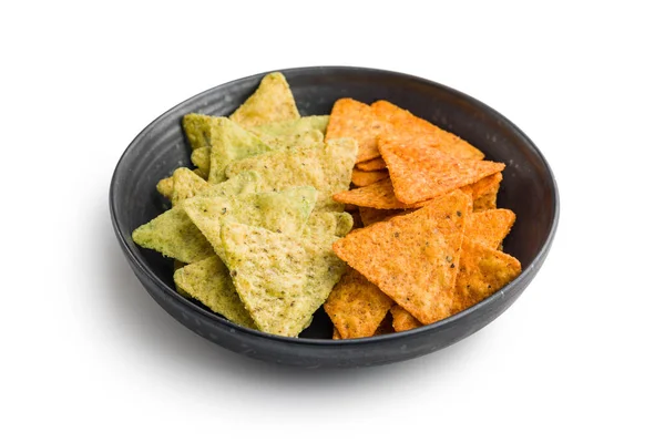 Tortilla Chips Med Smak Chili Och Jalapeno Paprika Plattan Isolerad — Stockfoto