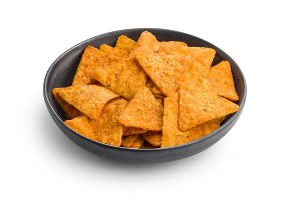 Tortilla Chips Med Smak Chilipeppar Plattan Isolerad Den Vita Bakgrunden — Stockfoto