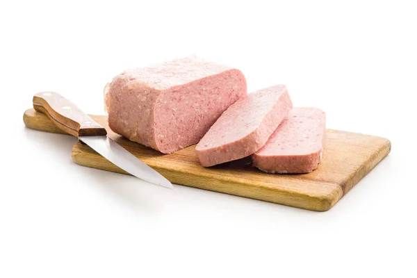 Luncheon Meat Cutting Board Isolated White Background — Stock Photo, Image