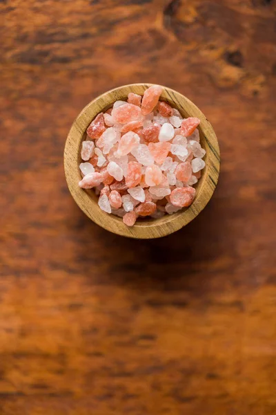 Pink Himalayan Salt Bowl Wooden Table Top View — Photo