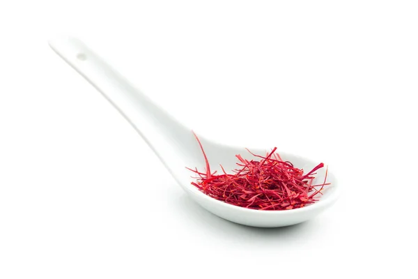 Dried Saffron Spice Spoon Isolated White Background — Stock Photo, Image