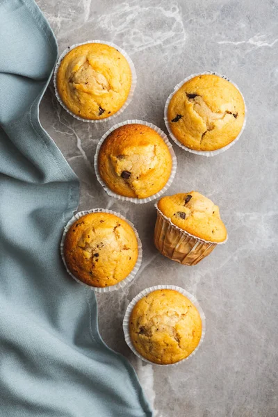 Sweet Vanilla Muffins Kitchen Table Top View — Zdjęcie stockowe