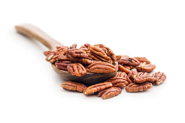 Peeled Pecan Nuts Wooden Spoon Isolated White Background — Photo