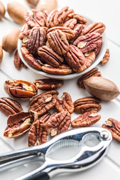 Peeled Pecan Nuts Bowl White Table — Stock Photo, Image