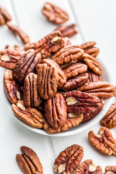 Peeled Pecan Nuts Bowl White Table — Stock Photo, Image