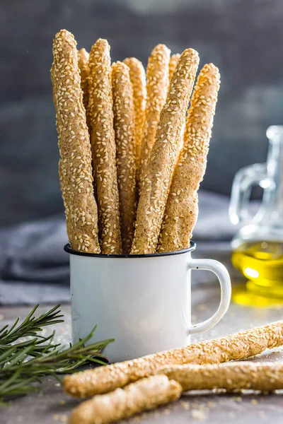 Italian Grissini Bread Sticks Sesame Seeds Kitchen Table — Stockfoto