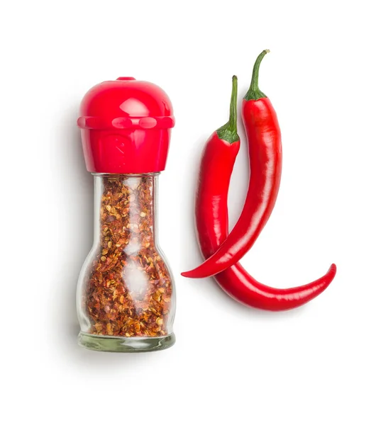 Droge Chili Peper Vlokken Verpletterde Rode Paprika Molen Verse Rode — Stockfoto