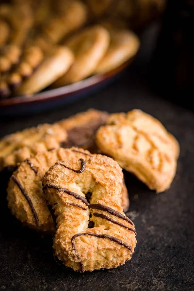 Assorted Various Cookies Sweet Biscuits Black Table — Stock Photo, Image