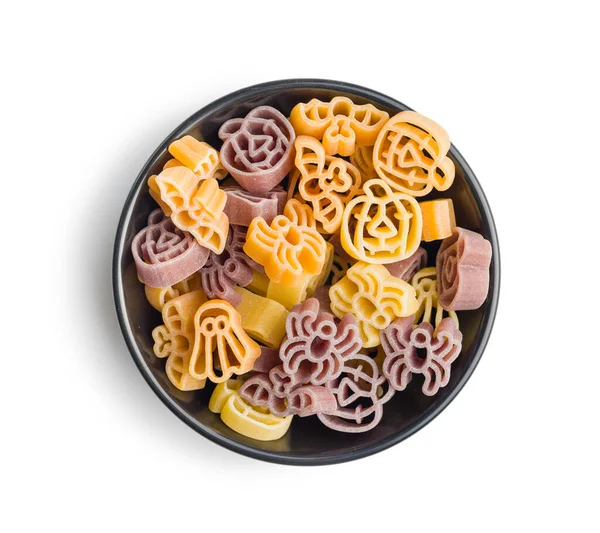 Pasta Various Scary Shapes Uncooked Halloween Pasta Bowl Isolated White — Stock Photo, Image