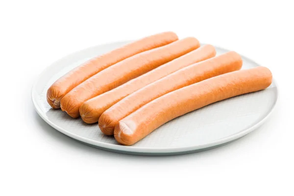 Tasty Sausages Frankfurters Plate Isolated White Background — Stock Photo, Image