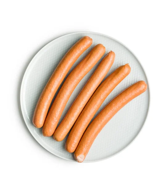 Chutné Klobásy Frankfurters Desce Izolované Bílém Pozadí — Stock fotografie