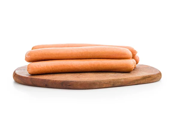 Tasty Sausages Frankfurters Cutting Board Isolated White Background — Stock Photo, Image