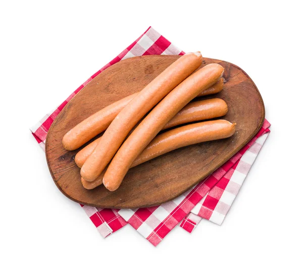 Tasty Sausages Frankfurters Cutting Board Isolated White Background — Stock Photo, Image